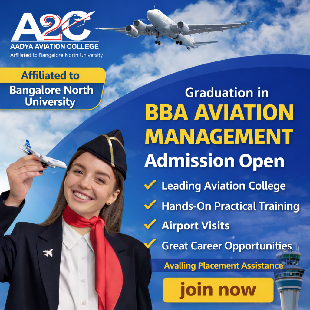 Aadya Aviation College BBA Aviation Management admission open poster featuring a cabin crew student holding a model airplane, with aircraft, airport tower, and Bangalore North University affiliation.