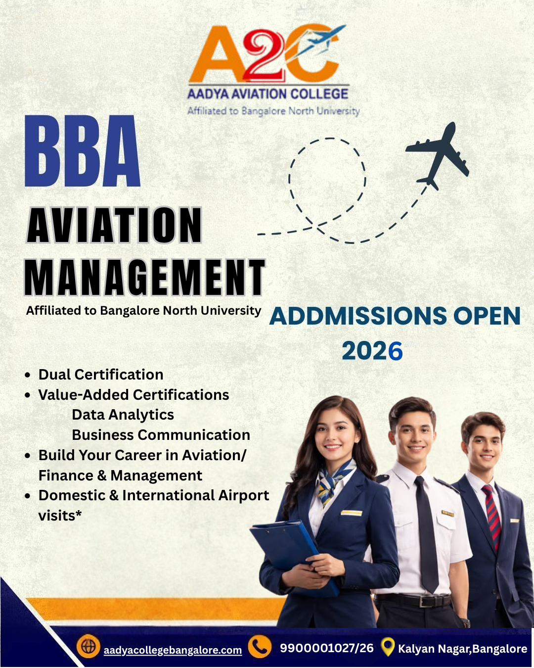 BBA Aviation Management admission poster by Aadya Aviation College announcing Admissions Open 2026. The poster highlights dual certification, value-added certifications in Data Analytics and Business Communication, career opportunities in aviation, finance and management, domestic and international airport visits, and features aviation students in uniform.