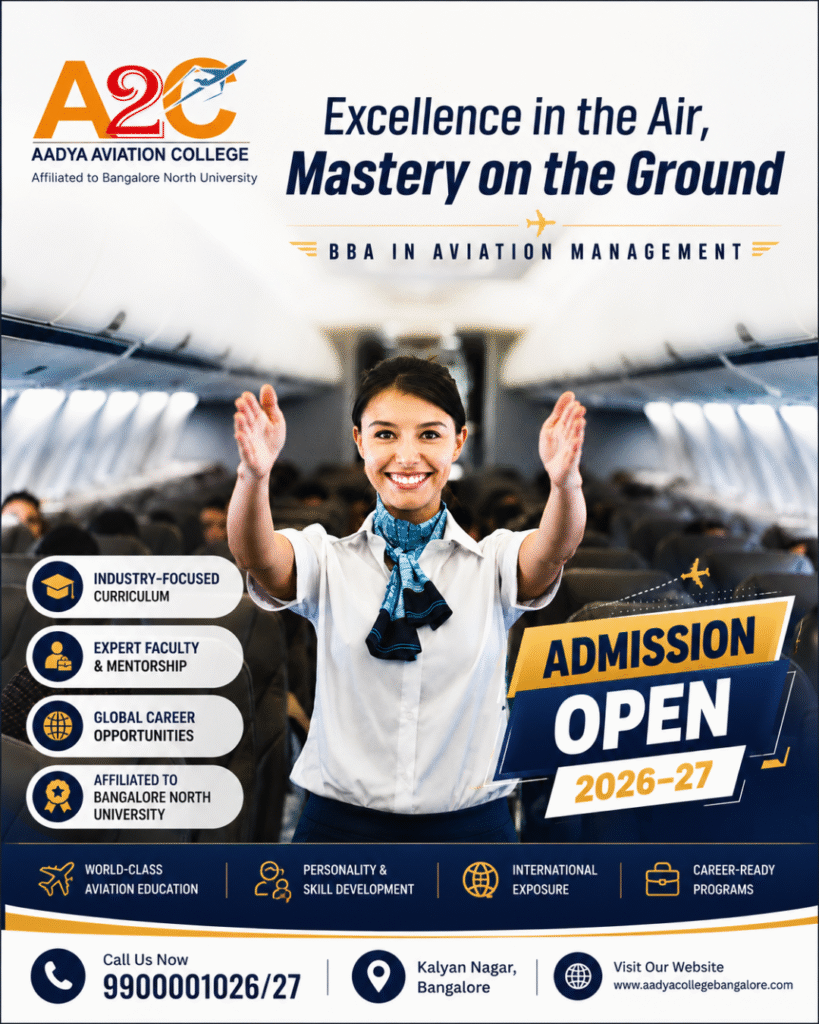 Aadya Aviation College admission open 2026-27 poster featuring a cabin crew student promoting the BBA in Aviation Management course in Bangalore.