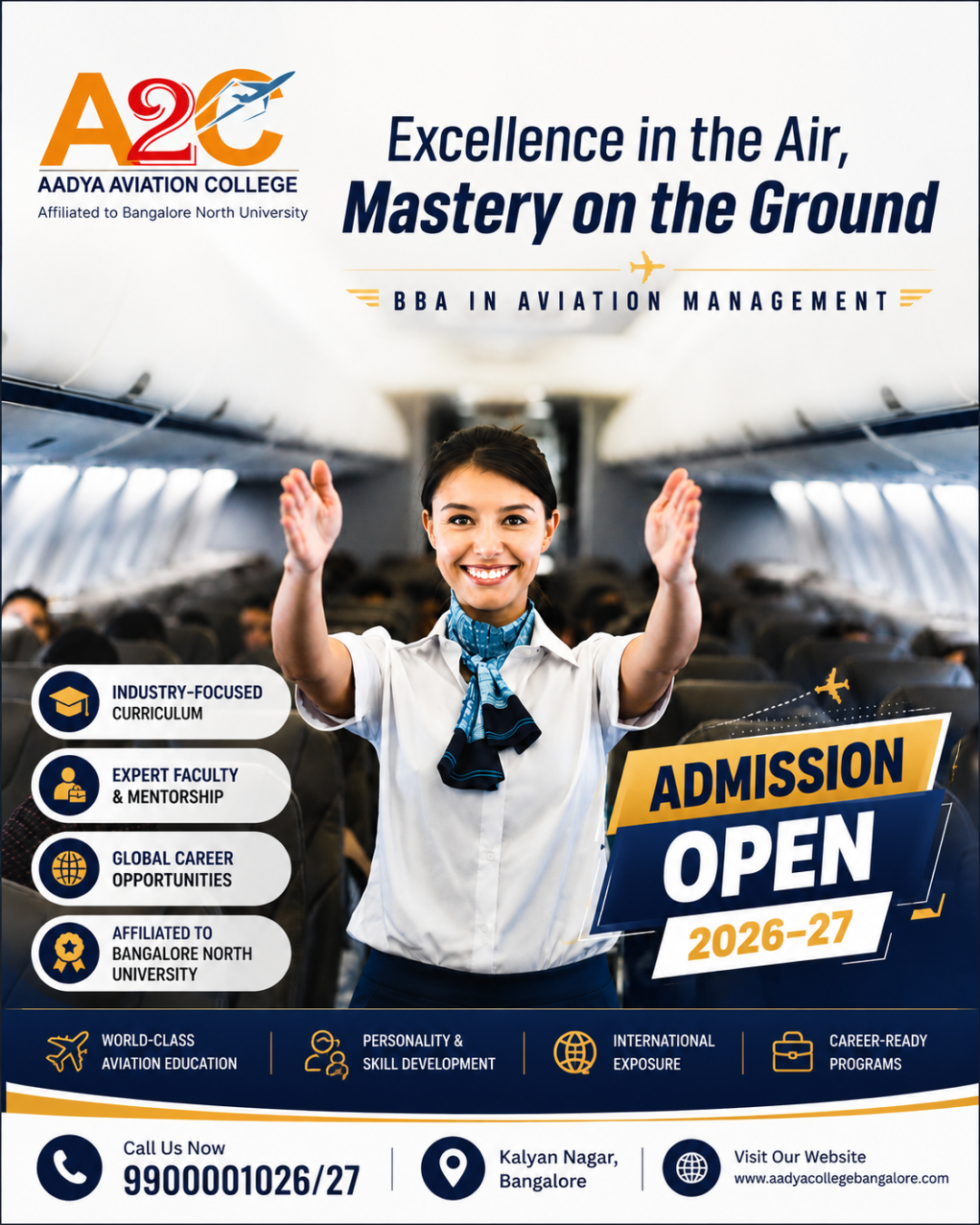 Aadya Aviation College admission open 2026-27 poster featuring a cabin crew student promoting the BBA in Aviation Management course in Bangalore.