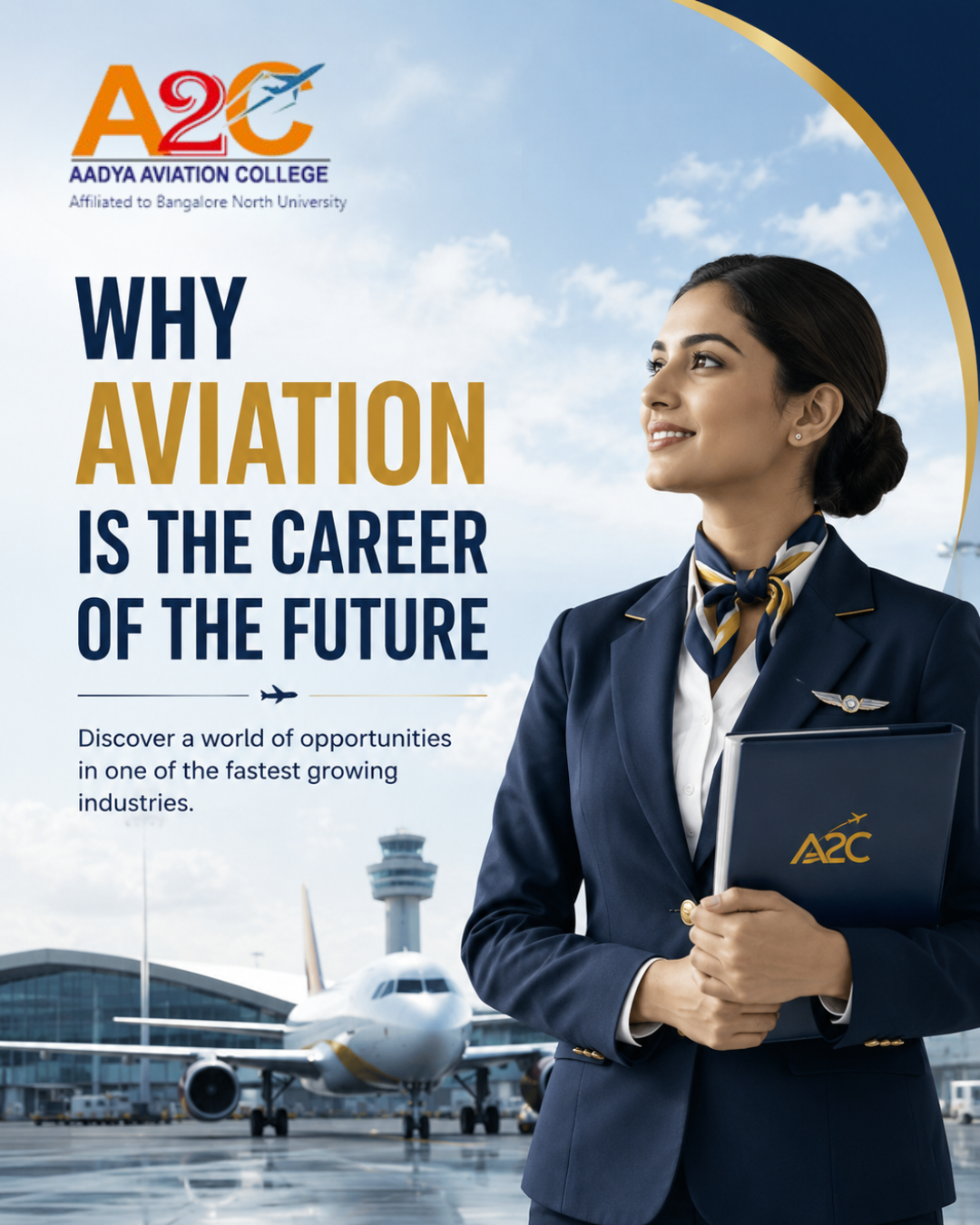 Student in aviation uniform standing at an airport, representing why aviation is the career of the future at Aadya Aviation College, Bangalore.